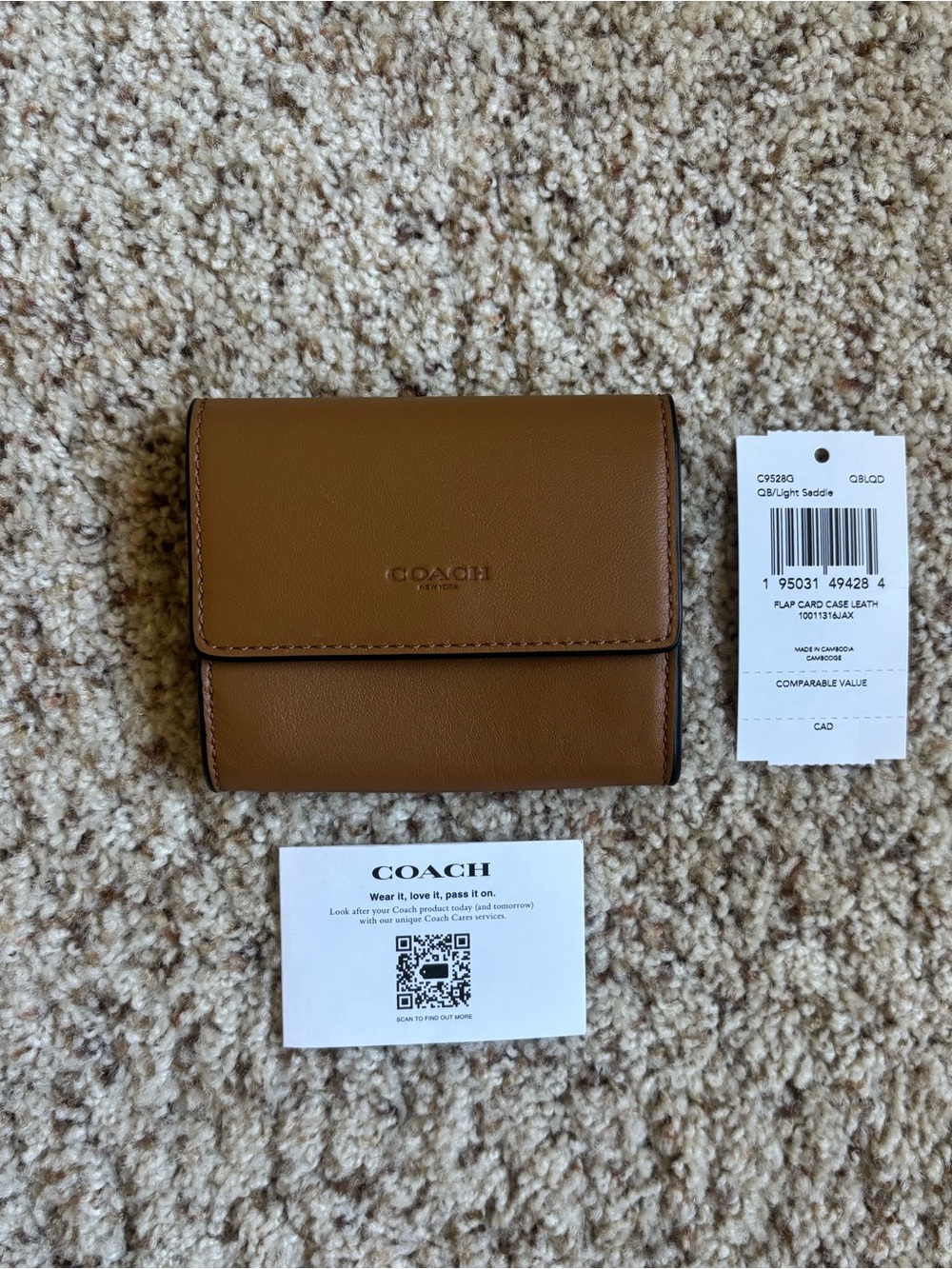 Coach Leather Flap Card Coin Case Wallet Light Saddle